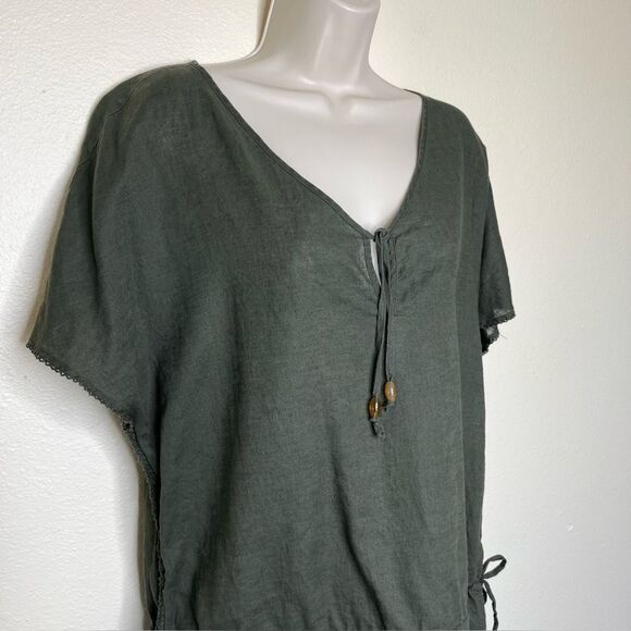 Old Navy Linen Adjustable Waist Lace Trim Keyhole Tie Neck Green Top Women Large - Picture 2 of 12